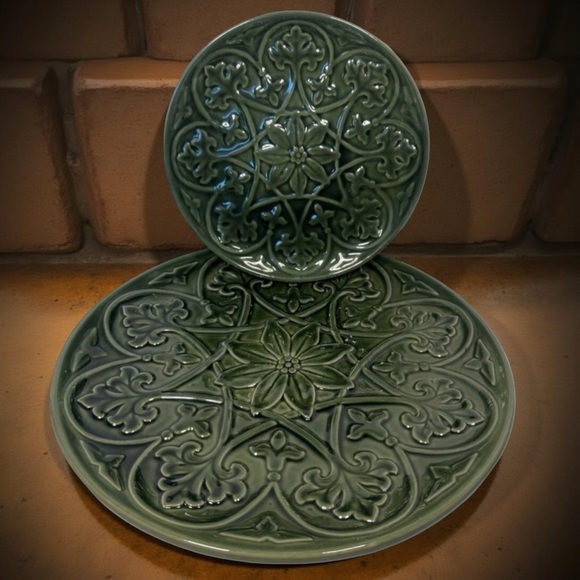 Other - French Art Nouveau Plates in Green Embossed Floral Patterns Dark Green Set of 2